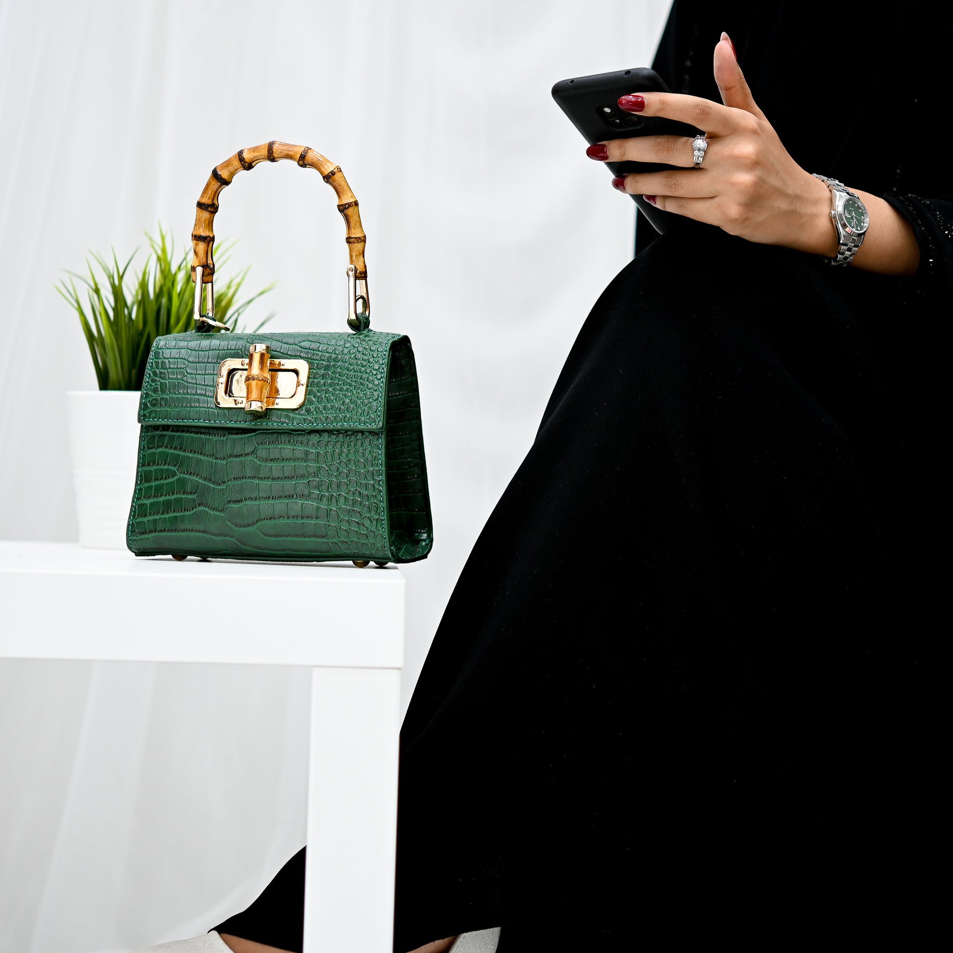 Gucci Bamboo Handle Crocodile Leather Bag in Green